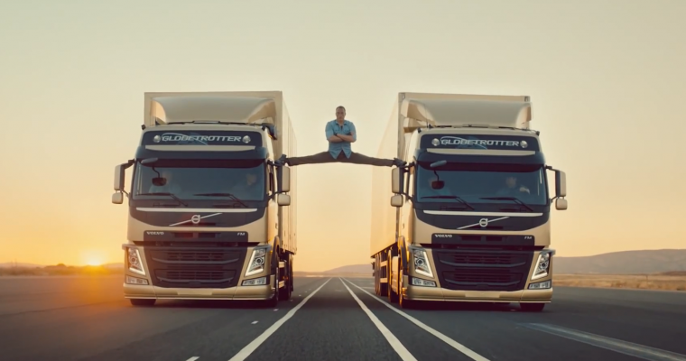 Actor Van Damme Splits Between Moving Volvo Trucks Because He Can