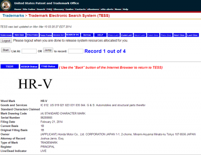 USPTO - Trademark for the HR-V