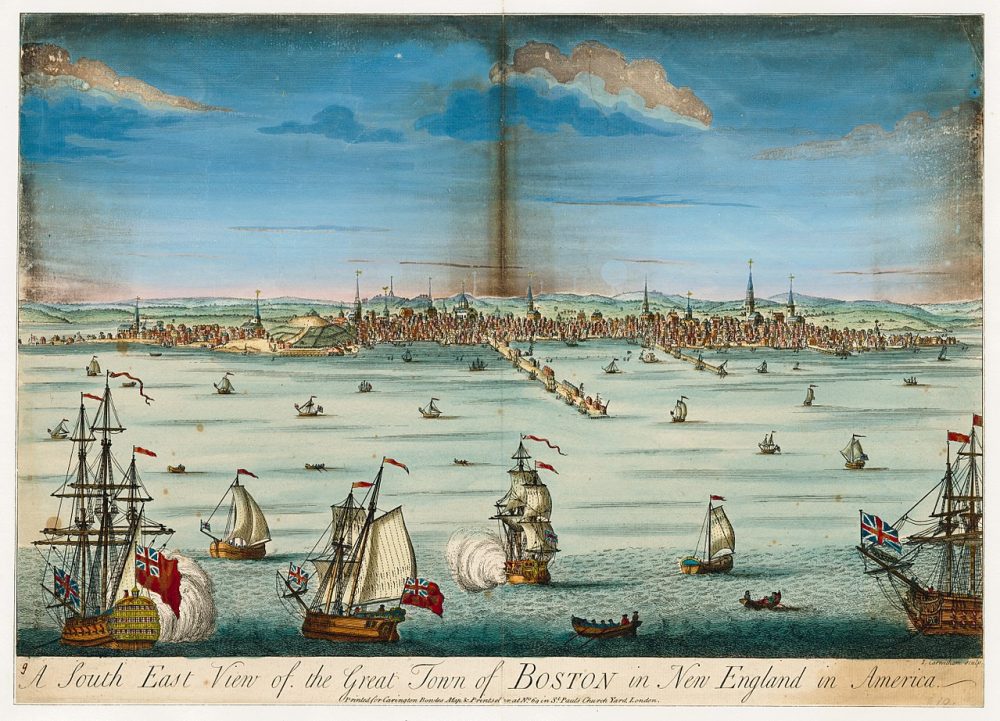 a historical postcard drawing from 1730 of Boston, Massachusetts