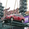 Detroit hoisted up the Equinox as one of the 2014 Chevy Cars in Comerica Park for Opening Day of Major League Baseball.