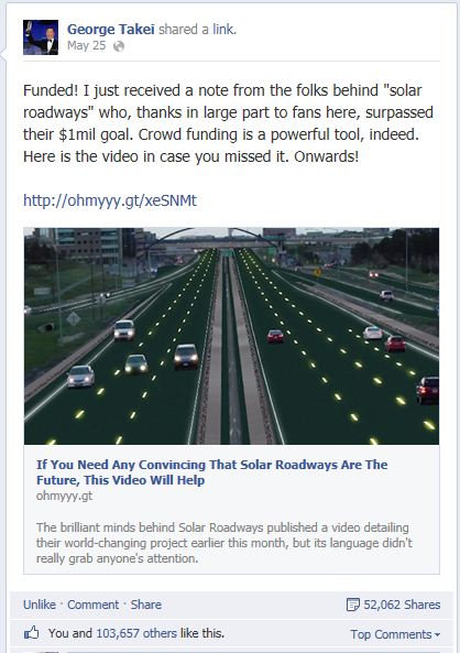 solar freakin' roadways goal - George Takei post