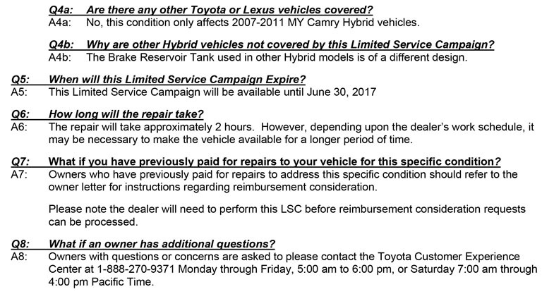 Camry Hybrid braking system recall