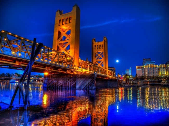 Sacramento at night bridge city lights