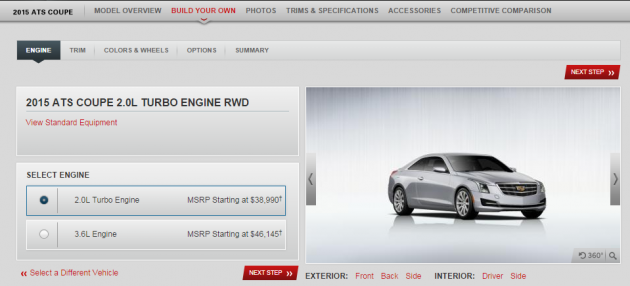 A screen grab of the 2015 Cadillac ATS Coupe configurator