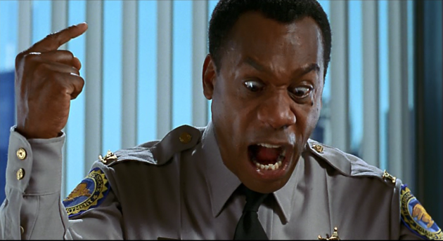 Commander Cabel "Cab" Chamberlain (Joe Morton) does not take kindly to Elwood's  news that he is an illegitimate child