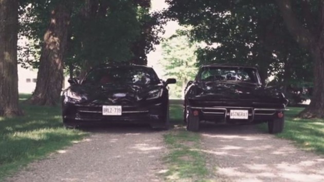 A C2 Corvette and a C7 Corvette side-by-side.