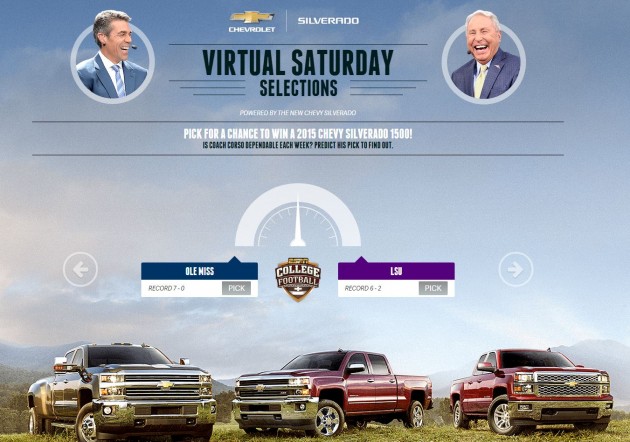 Win a Silverado and a trip to the 2015 National Championship Game in Texas by entering ESPN’s Chevy Virtual Saturday Selections Sweepstakes.