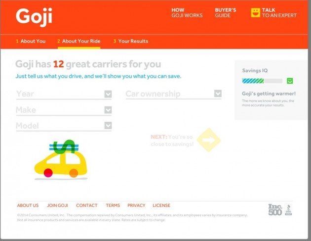 Goji Website Screen shot helps save on car insurance