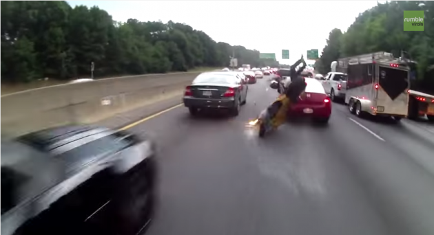 Careless Motorcyclist Crashes While Lane Splitting Video