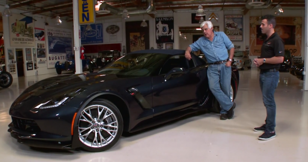 Jay Leno and Chevrolet Product Specialist Shad Balch admire the 2015 Corvette Z06