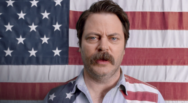Nick Offerman, best known for the role of parks director Ron Swanson, tells America to man up and watch NASCAR