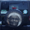 A Boston Celtics superfan's has a Jeep Wrangler tire cover that shows LeBron James crying