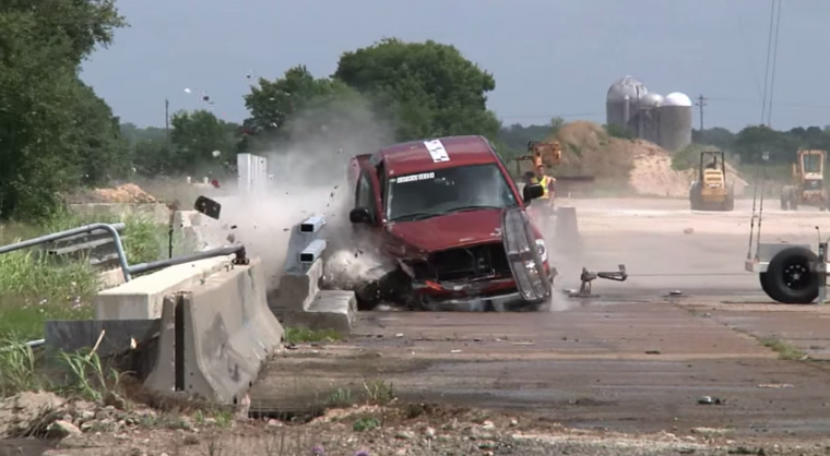 Ram pickup truck crashes into concrete barrier