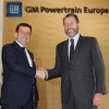 GMPT-E Managing Director Pierpaolo Antonioli and GM President Dan Ammann shake hands at GM Powertrain Europe Turin