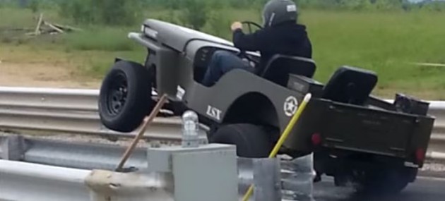 Justin nearly falls off his 1,000-hp Army Willys Jeep on the drag strip