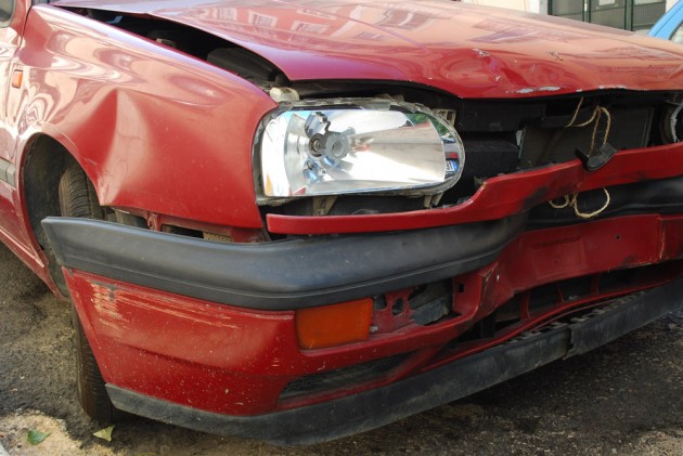 crashed red car front