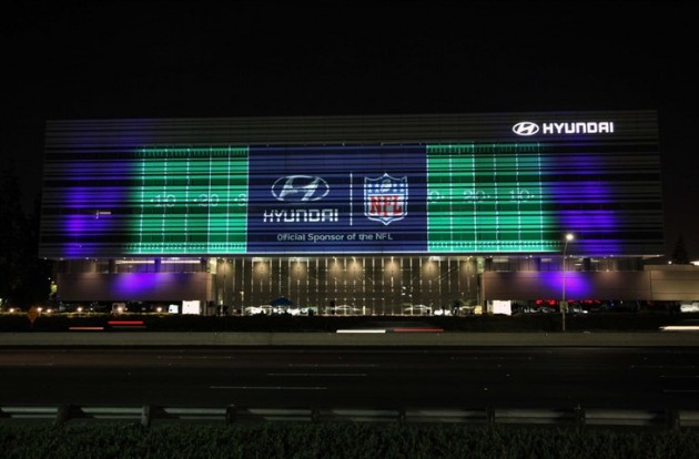 Hyundai US headquarters lit up to recognize the new partnership with the NFL