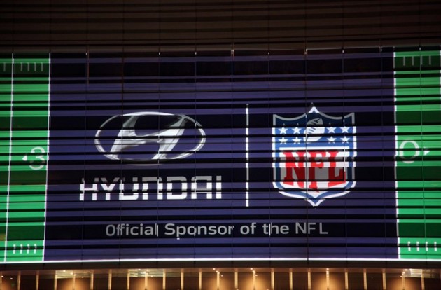 Hyundai US headquarters lit up to recognize the new partnership with the NFL