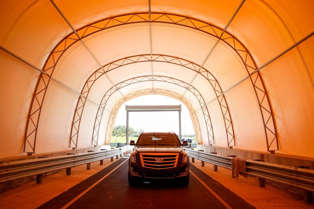 A tunnel at the new Active Safety Test Area allows engineers to simulate toll booths and other structures that require special attention when designing active safety technologies