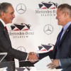 Owner of the Falcons and United, Arthur Bank, and Mercedes-Benz USA president and CEO, Stephen Cannon, shakes hands over deal for Mercedes-Benz Stadium