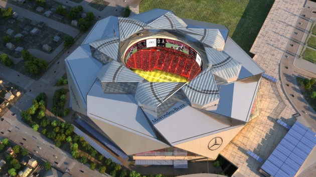 A rendering of the Mercedes-Benz stadium, where the Atlanta Falcons and Atlanta United will play