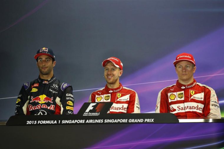 Second place Ricciardo, first place Vettel, and third place Räikkönen