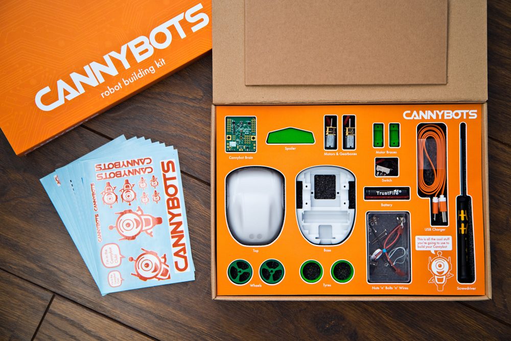 Package Open on Wood Cannybot Robotic toy car