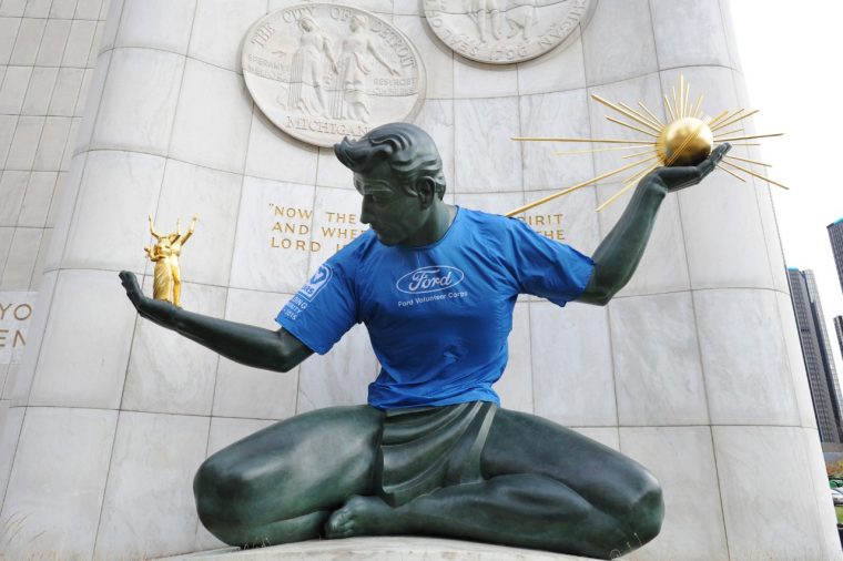 Spirit of Detroit Statue with Ford Volunteer Corps t-shirt