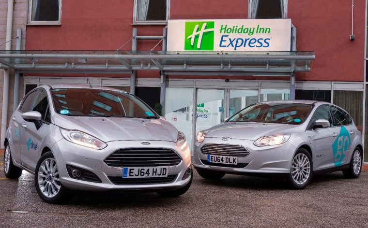 Ford Focus Electric and Fiesta outside Limehouse Holiday Inn Express