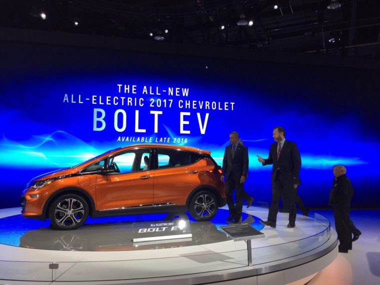 Barack Obama with 2017 Chevy Bolt EV at 2016 North American International Auto Show in Detroit