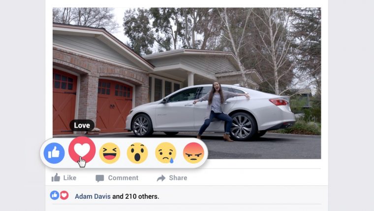 2016 Chevy Malibu commercial uses new Facebook Reactions buttons, like love 