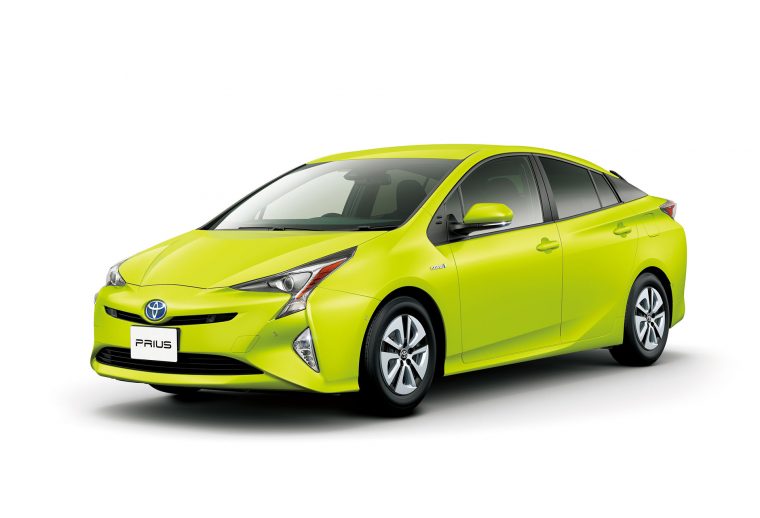 The 2017 Toyota Prius in the fuel-saving Thermo-Tect Lime Green paint color