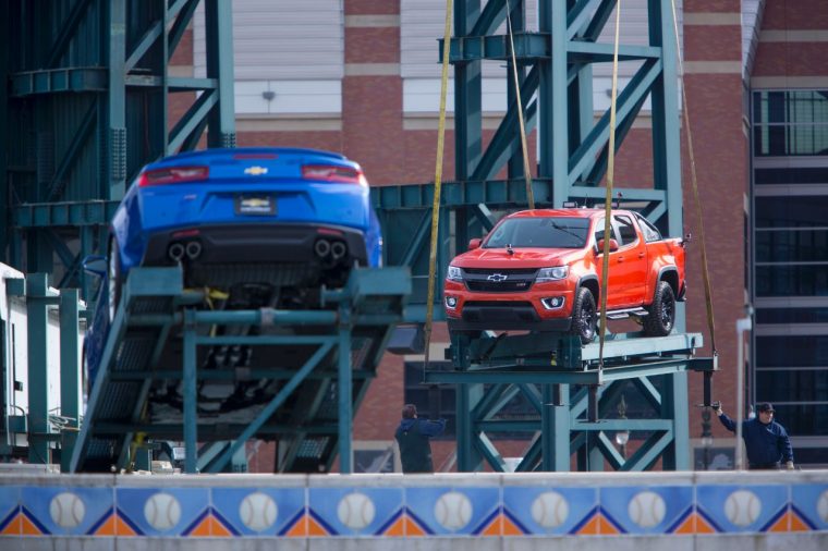 2016 Chevy Camaro SS and Colorado on top of Chevrolet Fountain at Detroit Tigers' Comerica Park