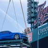 Hyper Blue Metallic Camaro SS lifted to top of Chevrolet Fountain