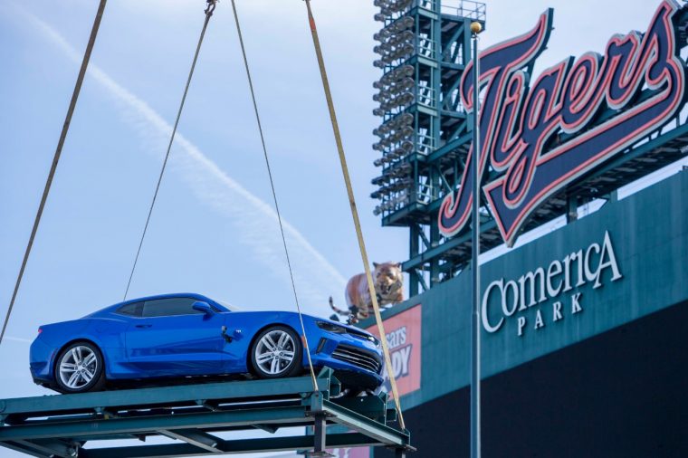 Hyper Blue Metallic Camaro SS lifted to top of Chevrolet Fountain