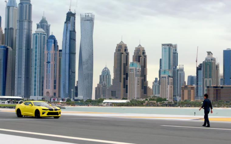 Still from Chevrolet Arabia's #Zero100Zero video showing 2016 Chevy Camaro SS and stunt driver Martin Ivanov on Skydrive Dubai Runway