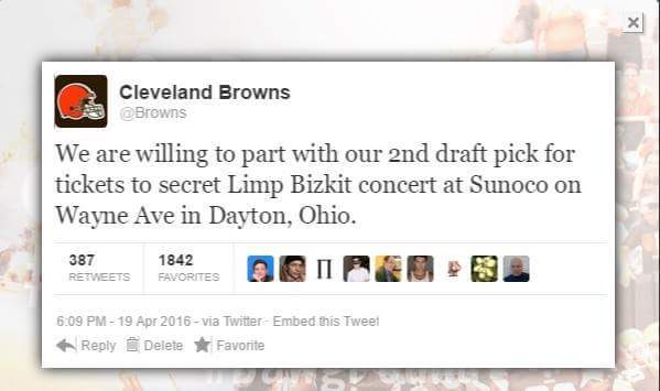 Cleveland Browns tweet about the fake Limp Bizkit concert happening at a Sunoco gas station in Dayton. 