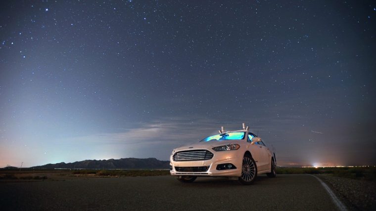 Ford Fusion Hybrid Autonomous Research Vehicle driving at night