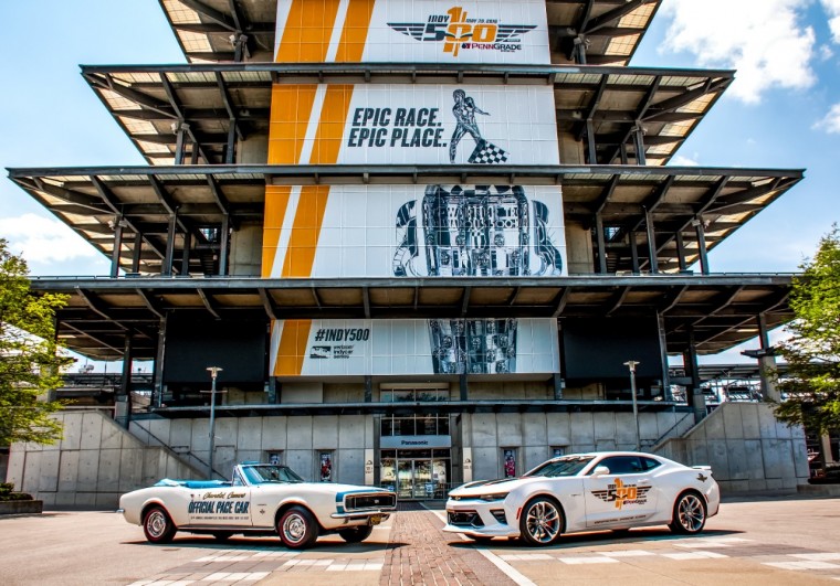 The original 1967 Camaro pace car and the 2017 model that will be driven this weekend by Roger Penske at the Indy 500