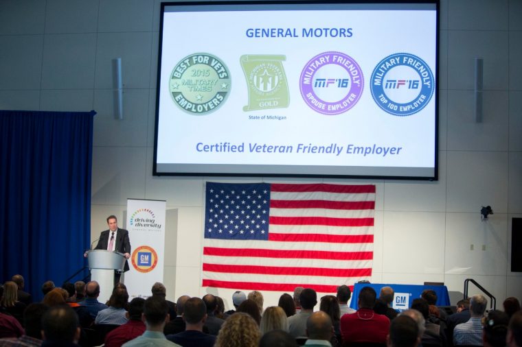 GM executive Mark Reuss speaks during a Veterans Day celebration in Warren, Michigan