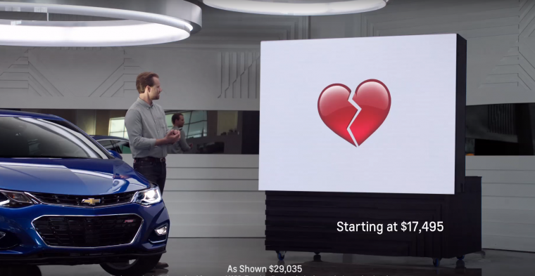 A "Real People, Not Actors" car commercial for the 2016 Chevy Cruze uses emojis 