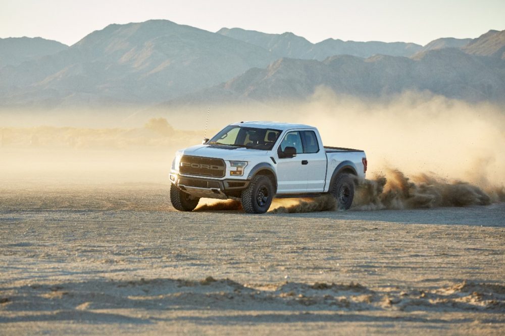 White 2017 Ford F-150 Raptor in desert