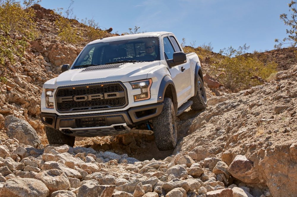 White 2017 Ford F-150 Raptor in desert