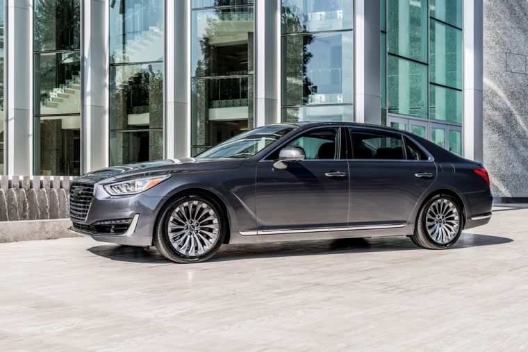 2017 Genesis G90 model overview grey sedan side profile