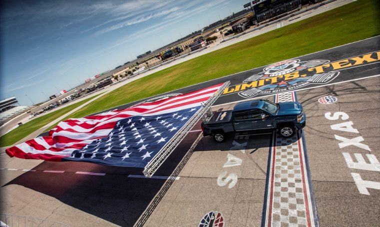 The 2017 Silverado HD displayed its power by towing a large flag around Texas Motor Speedway