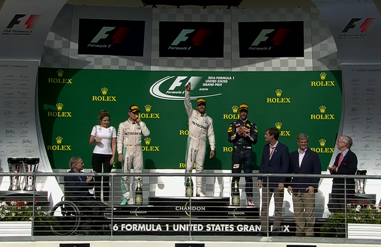 On the podium, from left to right: Nico Rosberg, Lewis Hamilton, and Daniel Ricciardo.