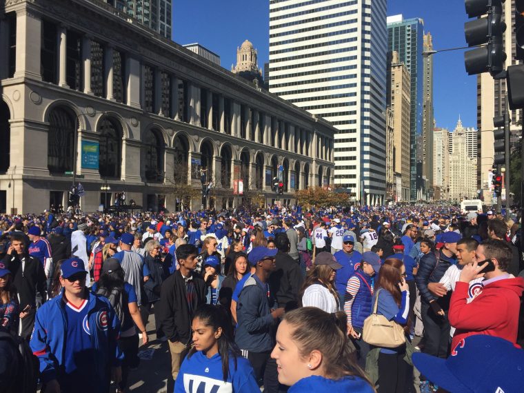 Millions of Chicago Cubs fans take to the streets downtown during the 2016 World Series parade celebration on Friday November 4, 2016