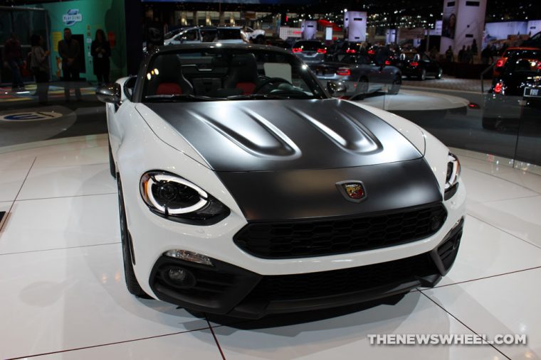 2017 Fiat 124 Spider white convertible car on display Chicago Auto Show