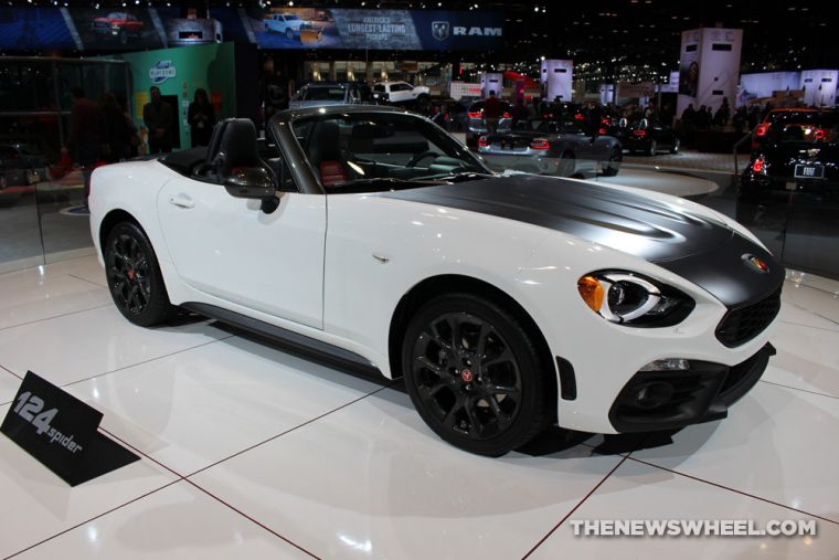 2017 Fiat 124 Spider white convertible car on display Chicago Auto Show