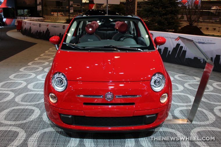 2017 Fiat 500 Cabrio red sedan car on display Chicago Auto Show